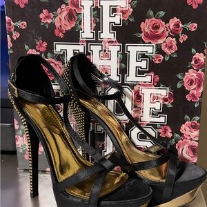 Shoe Dazzle Black and Gold Studded Heels